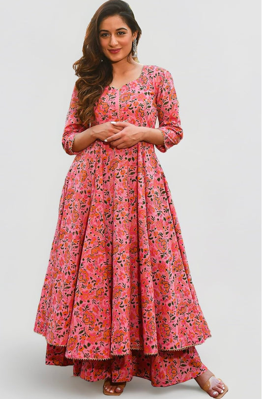 Arayna Women's Cotton Printed Anarkali Kurti with Palazzo Pants Set, Floral
