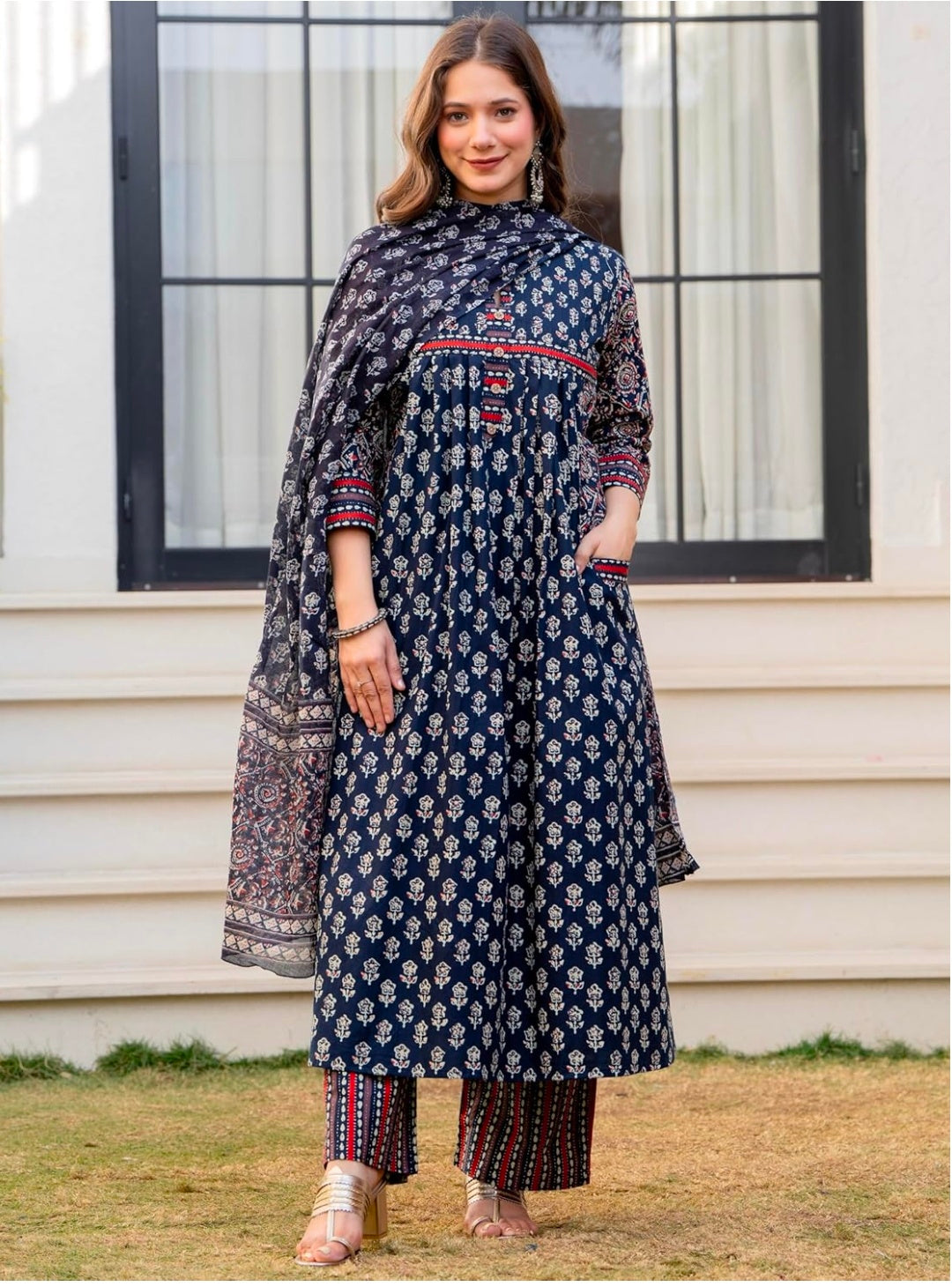 Amayra Women's Pure Cotton Printed A-Line Kurta Set with Palazzo Pants & Dupatta- Ethnic Wear