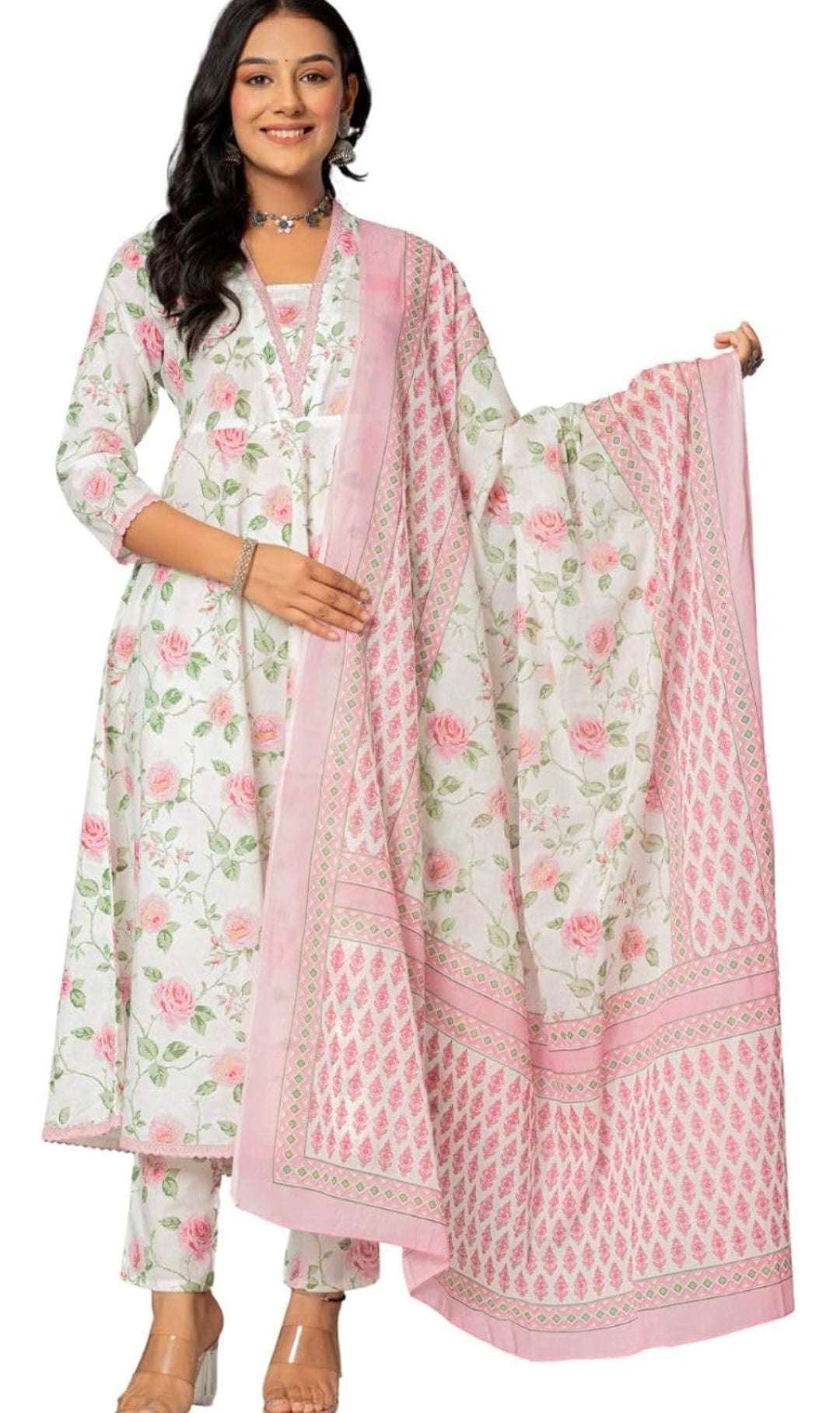Amayra Women's Cotton Printed Anarkali Kurta with Palazzo Pants and Dupatta