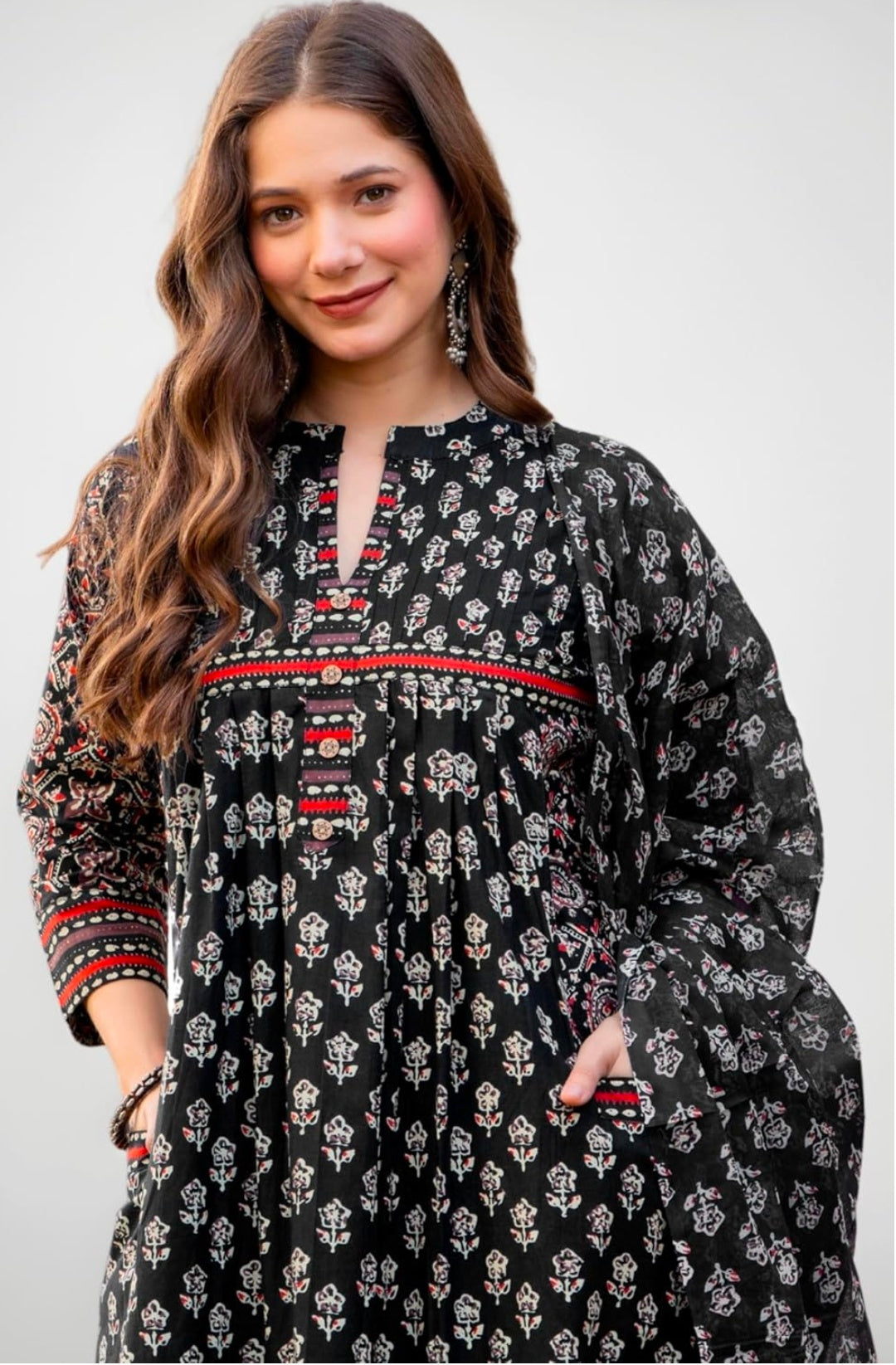 Amayra Women's Pure Cotton Printed A-Line Kurta Set with Palazzo Pants & Dupatta- Ethnic Wear