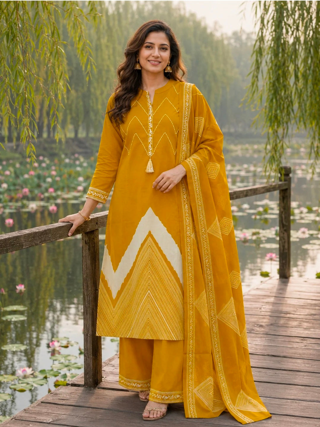 Berrylicious Women Pure Cotton  Printed & Hand Embroidered Kurta with palazzo & Dupatta