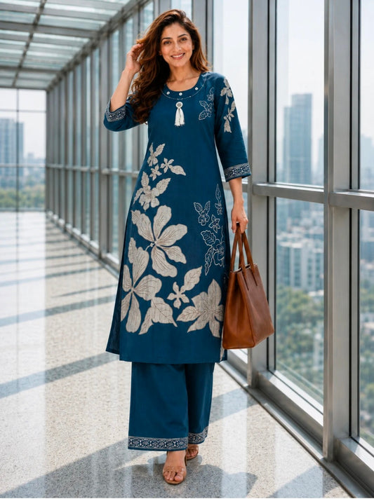 Berrylicious Women Chanderi Printed & Mirror Embellished Kurta with palazzo