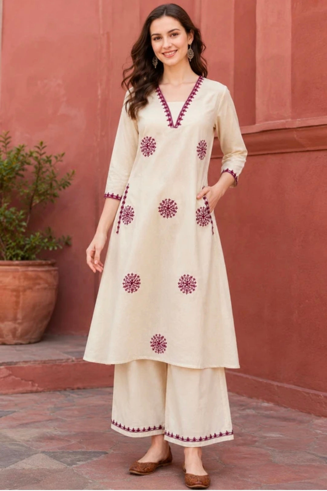Women's Pure Cotton A-Line Kurta Palazzo Pant Set | Embroidered Ethnic Motifs Style