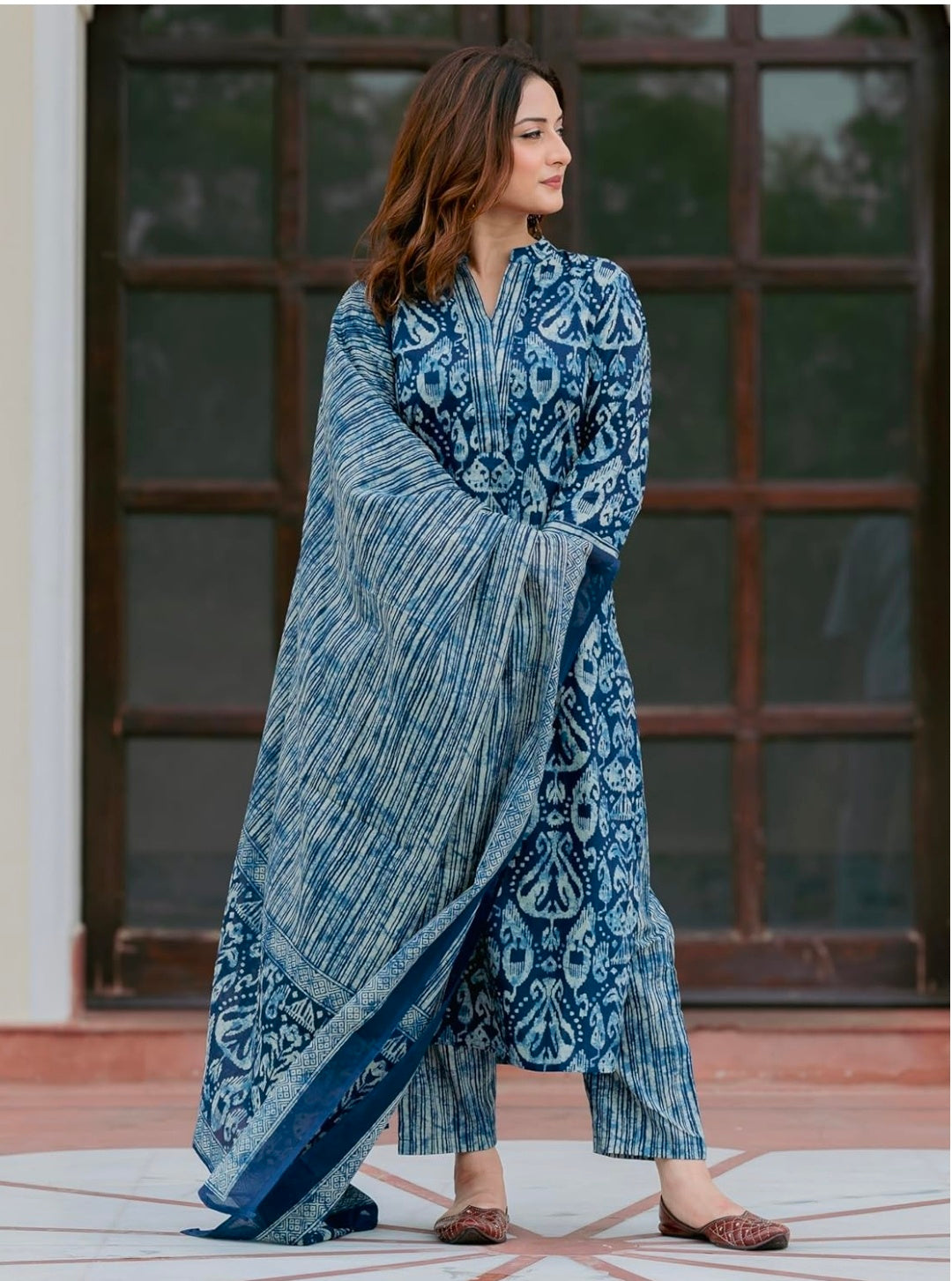 Arayna Women’s 100% Pure Cotton Ikat Printed Ethnic Straight Kurta Pant and Dupatta Set for Women