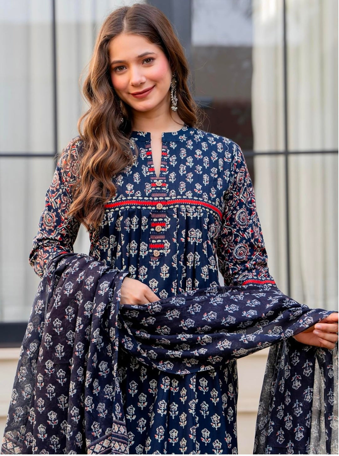 Amayra Women's Pure Cotton Printed A-Line Kurta Set with Palazzo Pants & Dupatta- Ethnic Wear