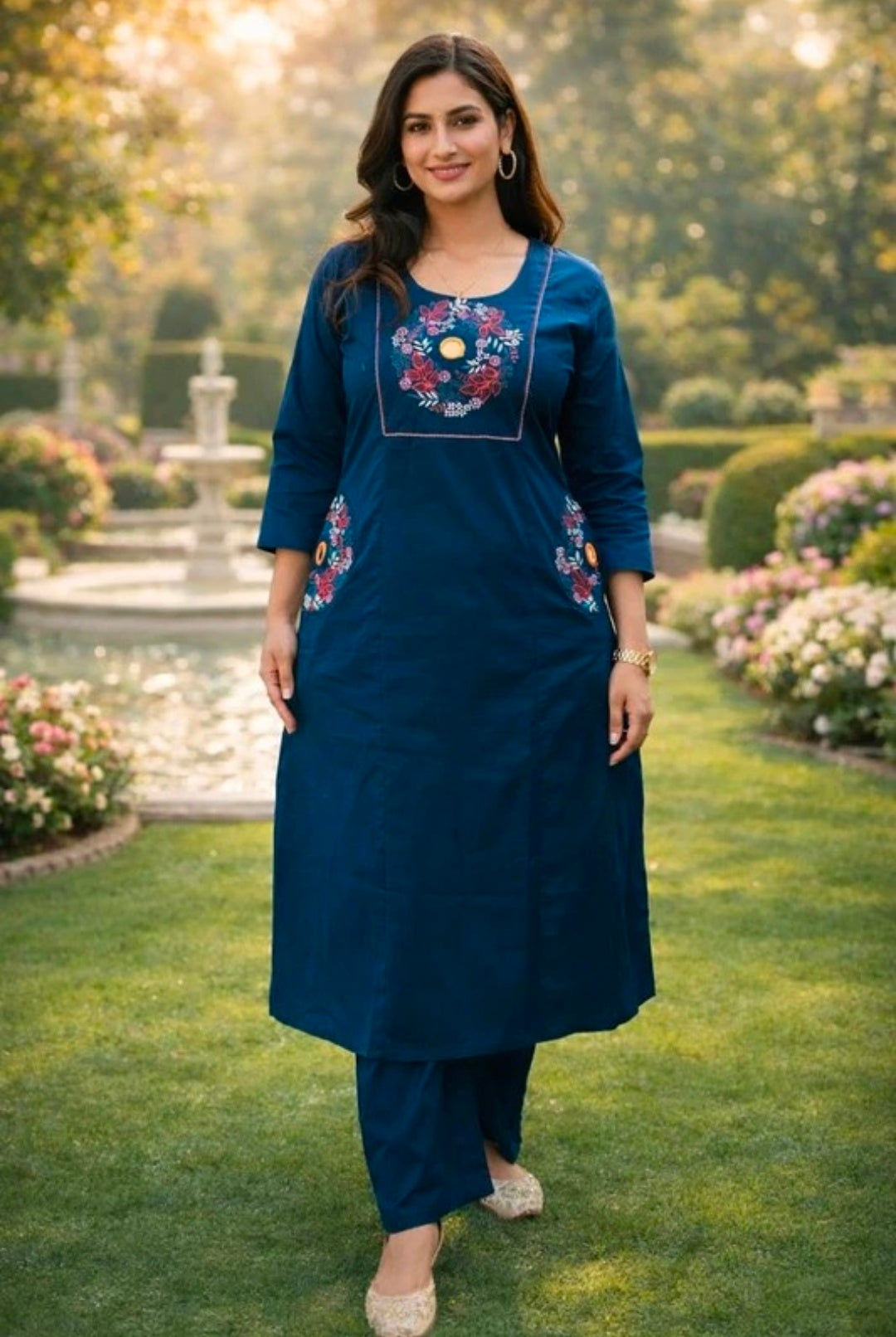 Jaipuri Collection Women's Blue Pure Cotton Embroidered Straight Kurta with Palazzo Set