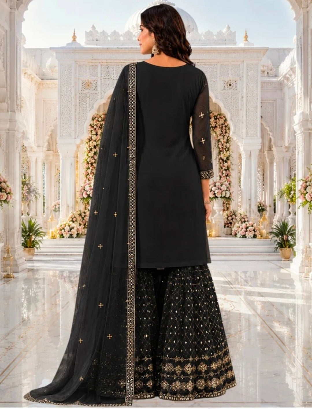 Women's Georgette A-line Kurta Sharara & Dupatta Set | Embroidered Sequenced Mirror Work