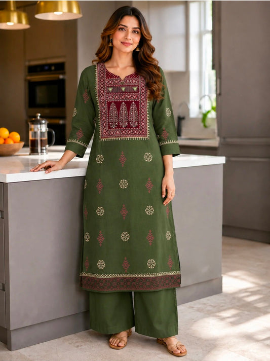 Berrylicious Women Cotton Ethnic Motif Printed Mirror Embroidered Straight Kurta with Palazzo Pants