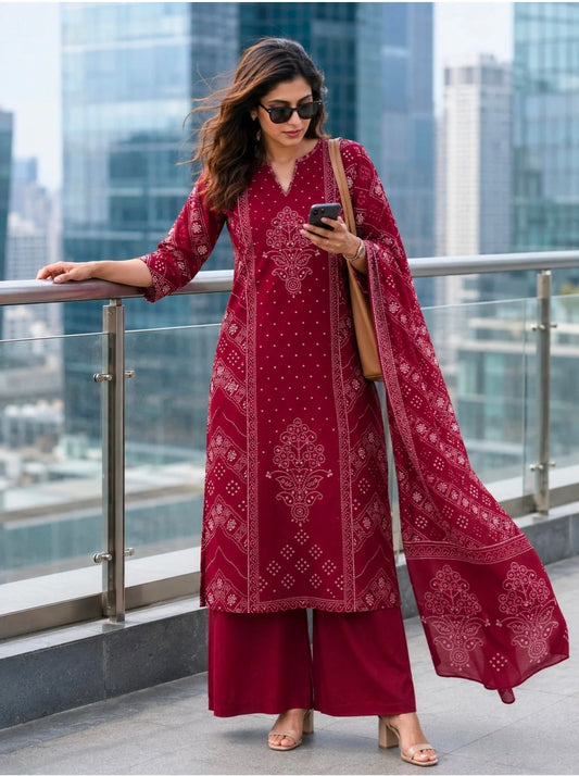 Berrylicious Women Bandhani Printed Kurta with pant & Dupatta
