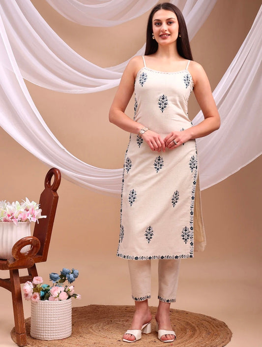 Berrylicious Women Cotton Embroidered Straight Kurta Set with Spaghetti Strap & Straight Pants