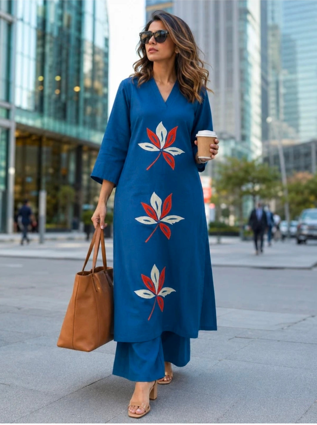 Women's Cotton Straight-Fit Kurta with V-Neck and Embroidered Palazzos Set | 2 Piece Casual Co-ord Set