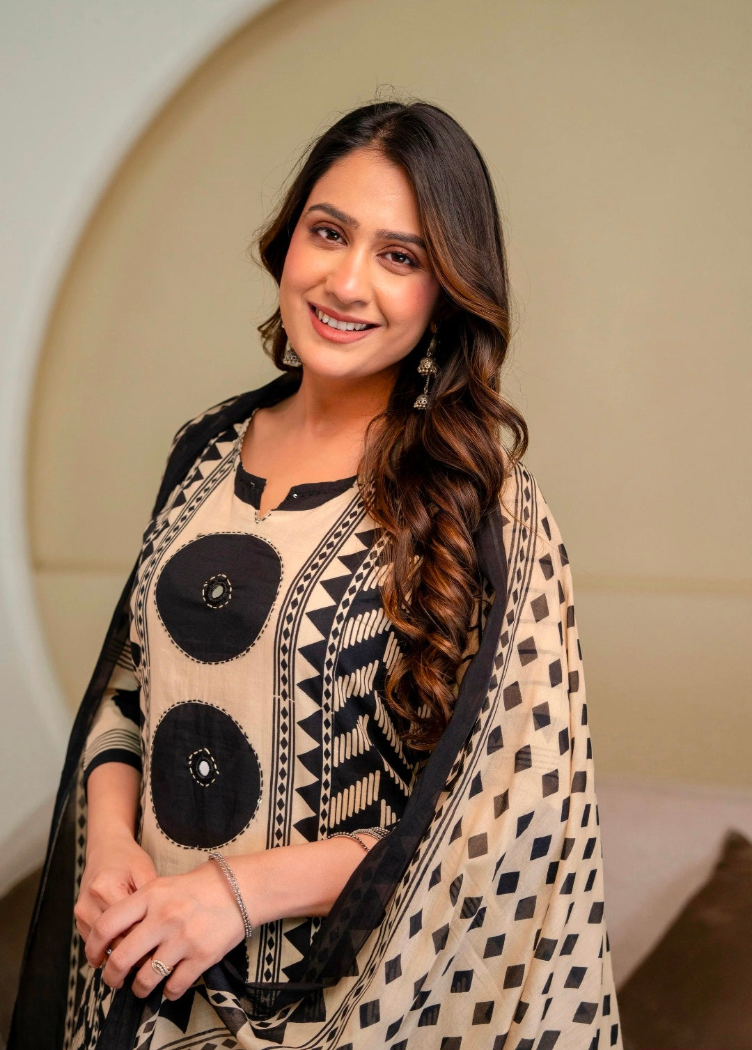 Berrylicious Women Cotton Geometric Printed Straight Kurta Set with Mirror Embroidery & Dupatta