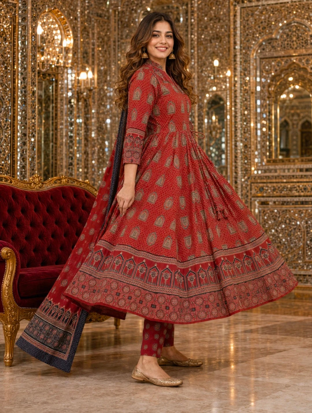 Berrylicious Women Motifs Printed Cotton Angrakha Anarkali Flared Kurta with Pant & Dupatta