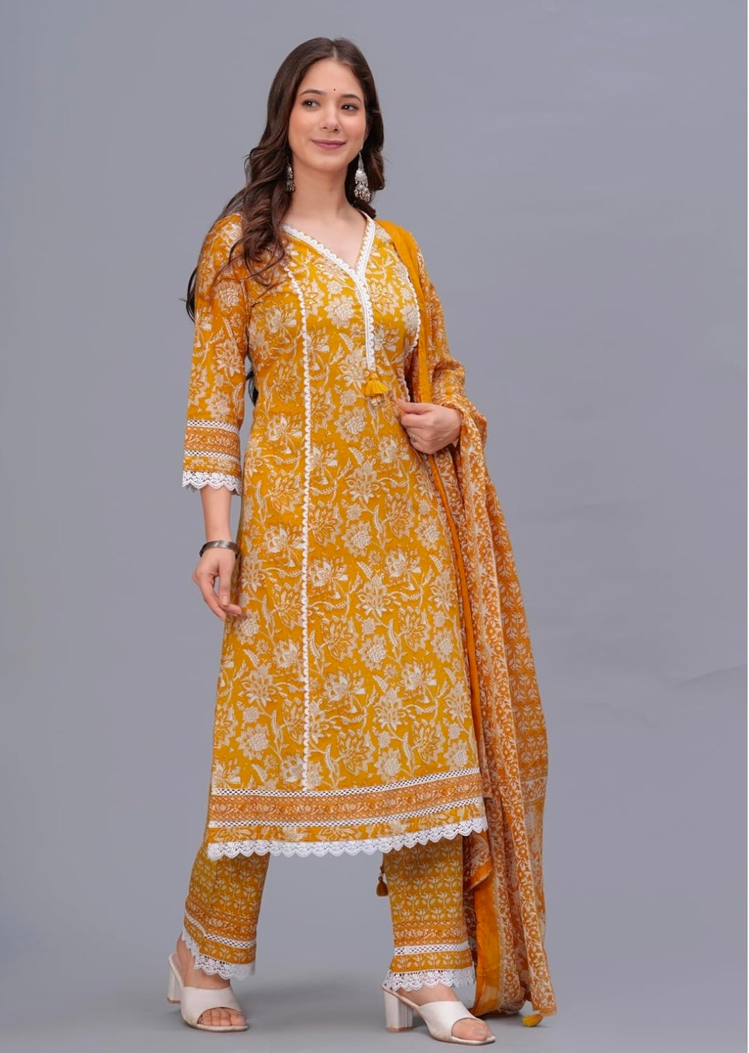 Amayra Women's Pure Cotton Printed Straight Kurta Set with Palazzo Pants & Dupatta- Ethnic Wear