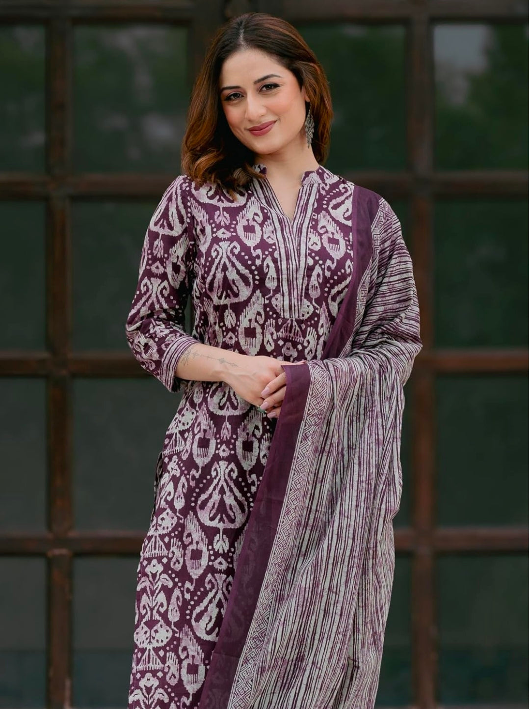 Arayna Women’s 100% Pure Cotton Ikat Printed Ethnic Straight Kurta Pant and Dupatta Set for Women