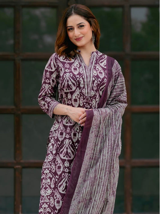 Arayna Women’s 100% Pure Cotton Ikat Printed Ethnic Straight Kurta Pant and Dupatta Set for Women