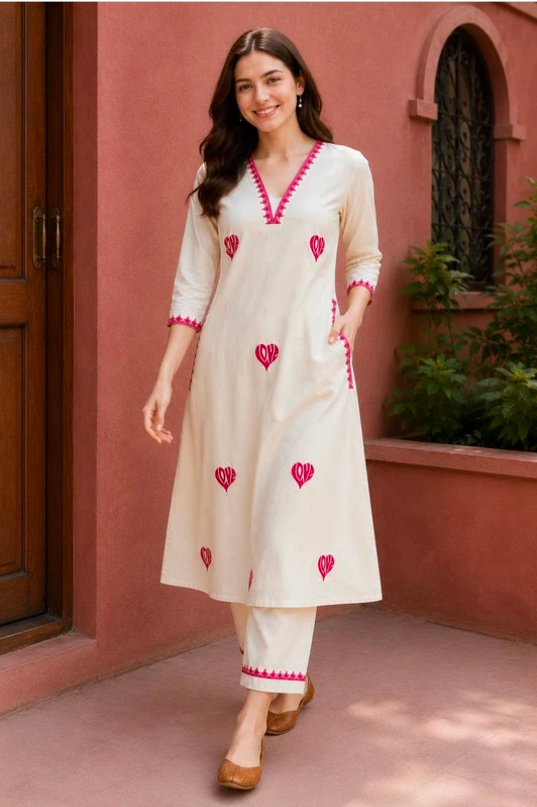 Women's Pure Cotton A-Line Kurta Palazzo Pant Set | Embroidered Ethnic Motifs Style