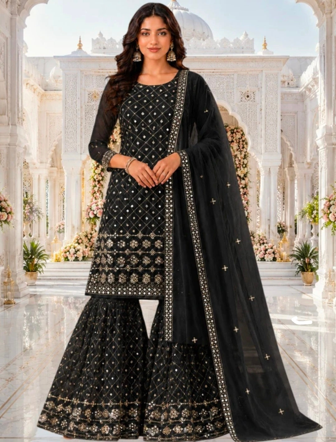 Women's Georgette A-line Kurta Sharara & Dupatta Set | Embroidered Sequenced Mirror Work