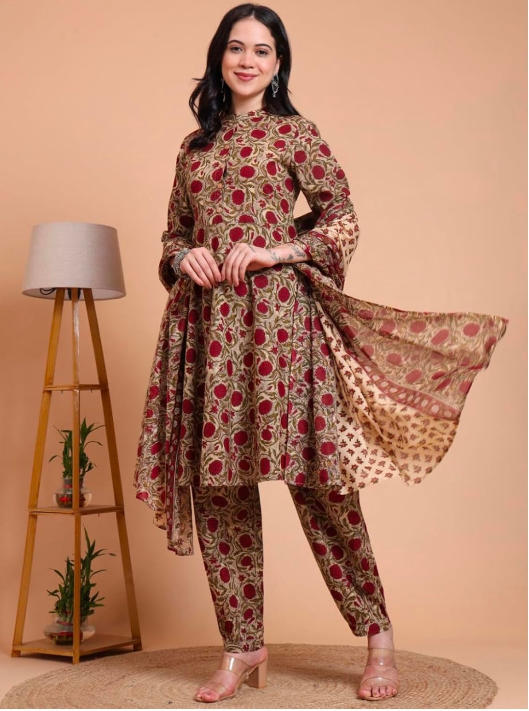 Women’s Cambric Cotton Floral Print Short Kurta Pant With Dupatta Set