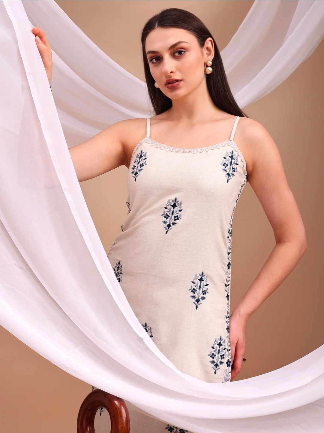 Berrylicious Women Cotton Embroidered Straight Kurta Set with Spaghetti Strap & Straight Pants