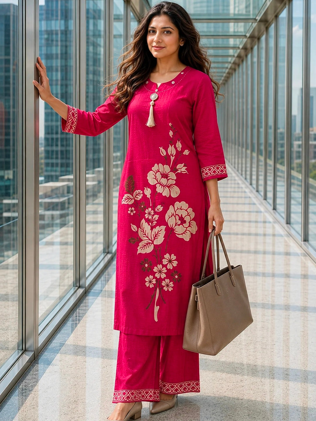 Berrylicious Women Chanderi Printed & Mirror Embellished Kurta with palazzo