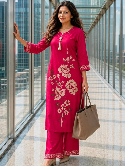Berrylicious Women Chanderi Printed & Mirror Embellished Kurta with palazzo