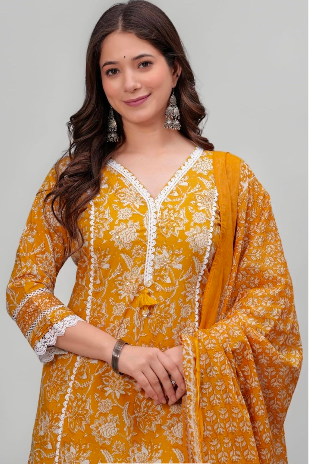 Amayra Women's Pure Cotton Printed Straight Kurta Set with Palazzo Pants & Dupatta- Ethnic Wear