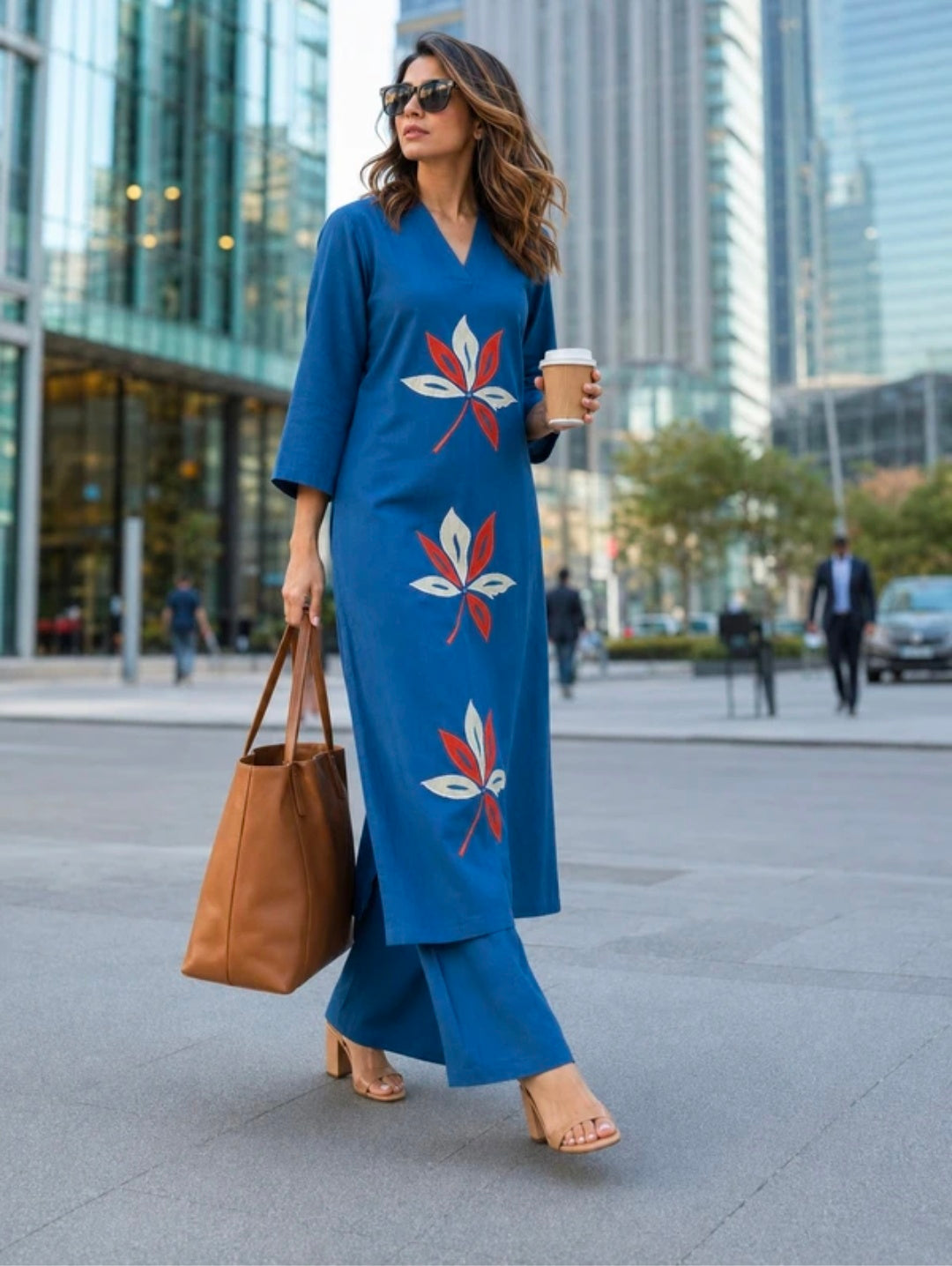 Women's Cotton Straight-Fit Kurta with V-Neck and Embroidered Palazzos Set | 2 Piece Casual Co-ord Set