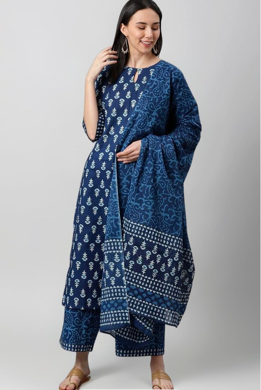 Amayra Women's Cotton Printed Straight Kurta with Palazzos and Dupatta Set