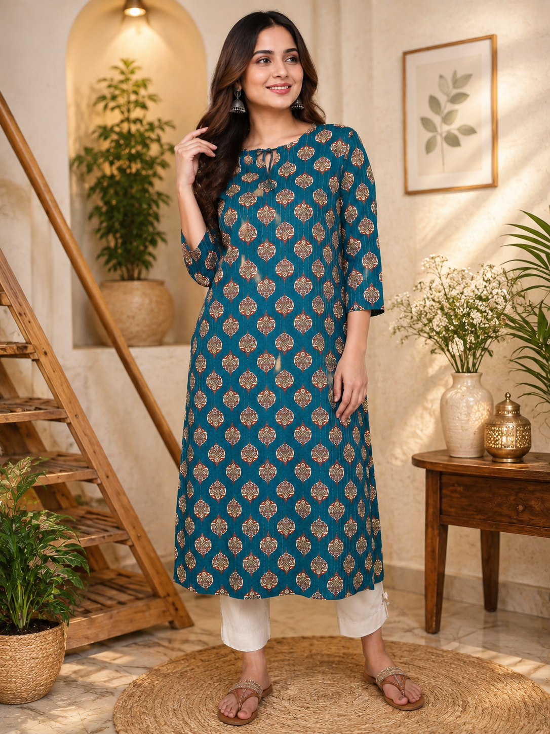 `Women's Blue Straight Poly Silk Printed Kurta | Size XXL