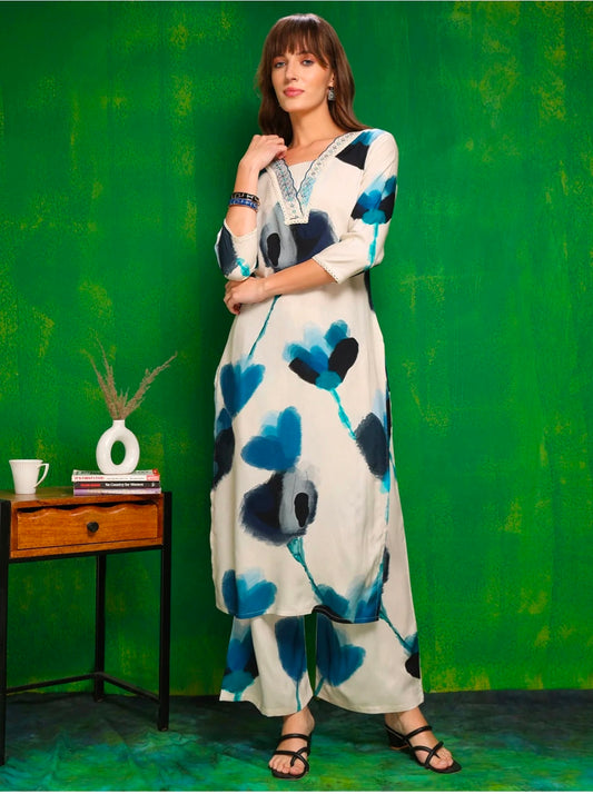 Lace Detailing Designer Neck Kurta with Palazzo Pants