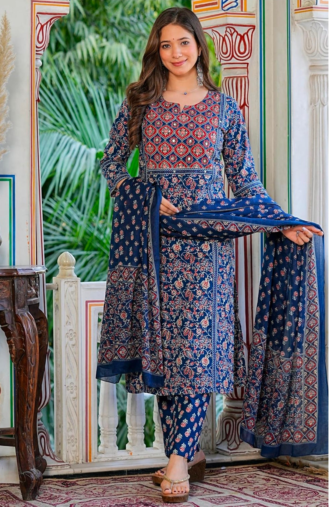Amayra Women's Pure Cotton Printed Straight Kurta Set with Palazzo Pants & Dupatta|Ethnic wear|Kurti Suit Set for Women