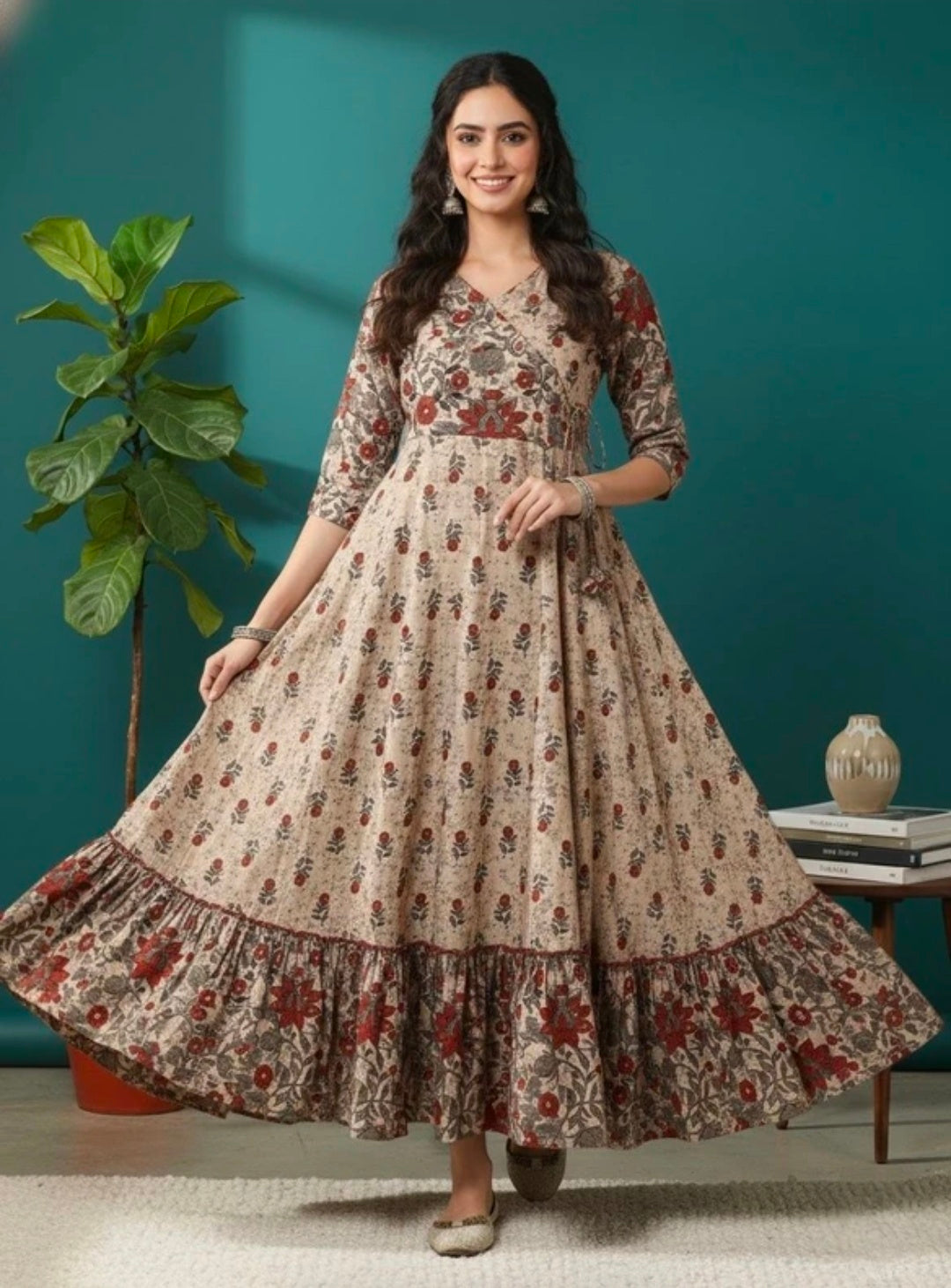 Sa Rasa Women's Brown Pure Cotton Printed Anarkali Kurta