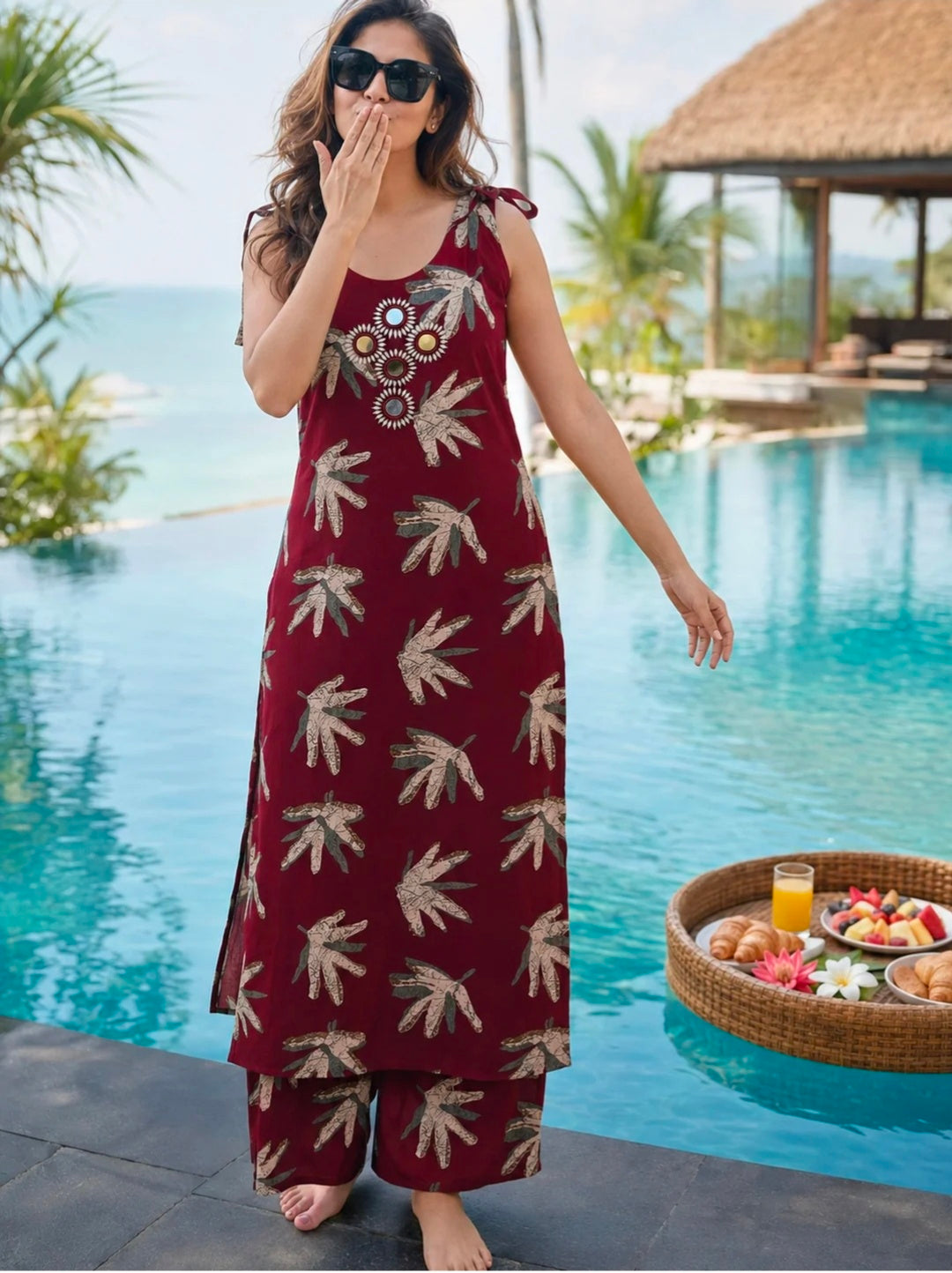 Berrylicious Women Rayon Abstract Printed Mirror Embellished Sleeveless Kurta with Palazzo Pants