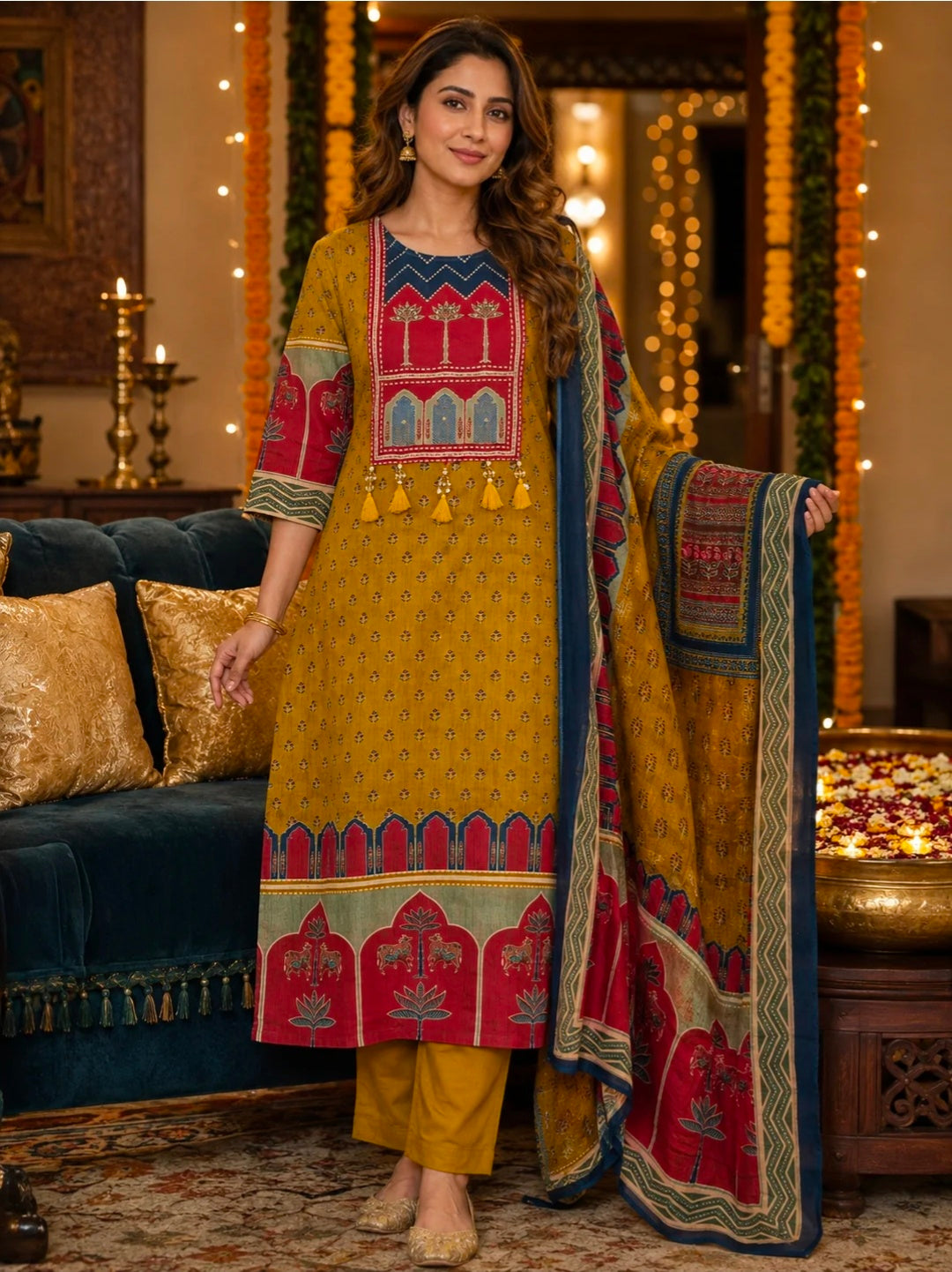 Berrylicious Women Cotton Printed & Bead Embroidered Kurta With Pant & Dupatta