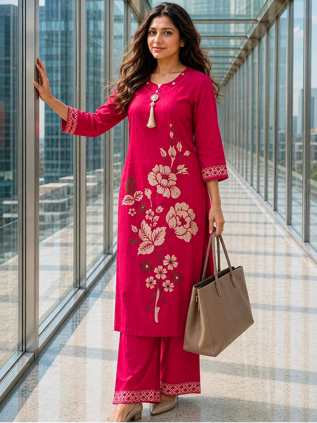 Berrylicious Women Chanderi Printed & Mirror Embellished Kurta with palazzo