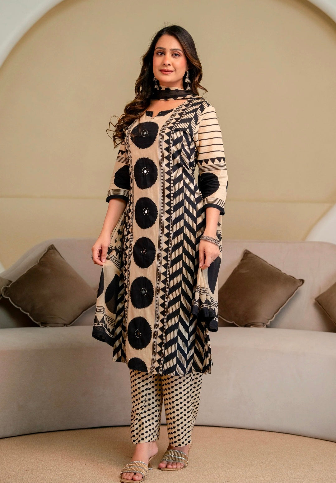 Berrylicious Women Cotton Geometric Printed Straight Kurta Set with Mirror Embroidery & Dupatta