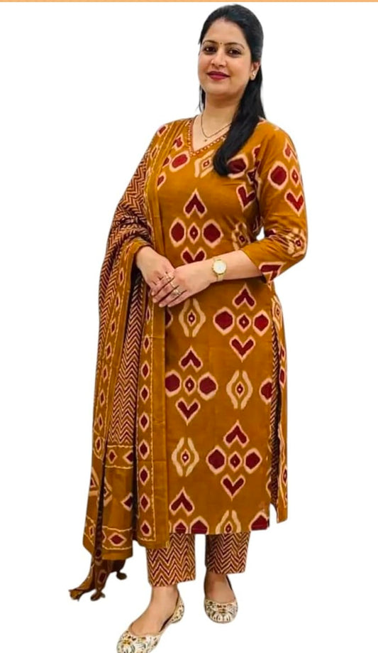 Women's Mustard Ikat Print Kurta with Pant and Dupatta Set