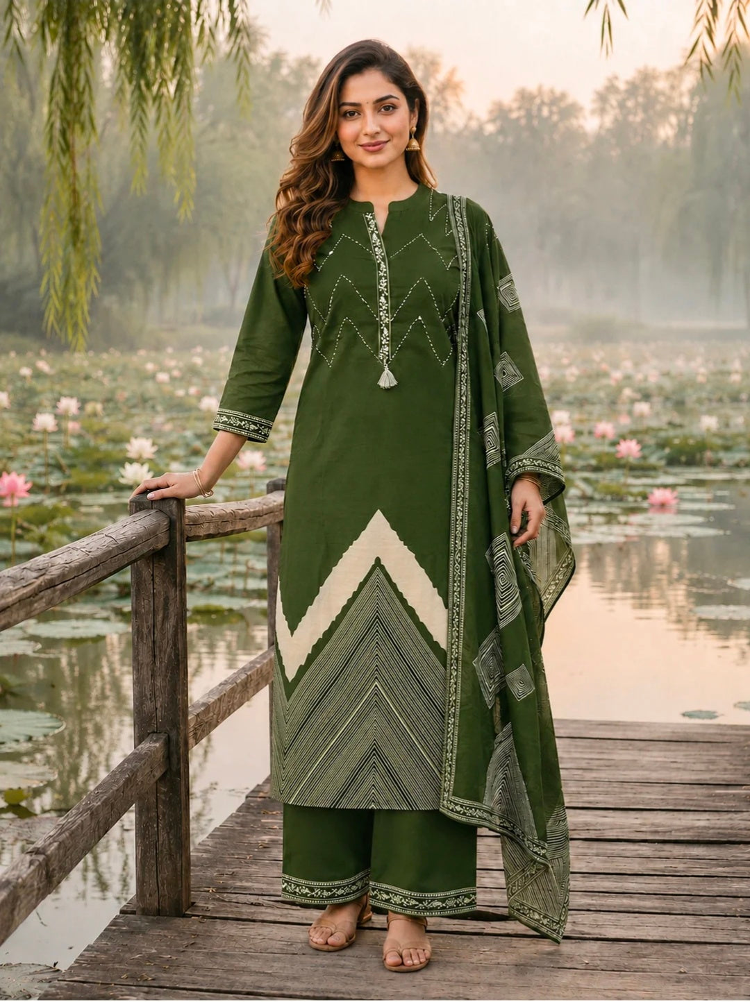 Berrylicious Women Pure Cotton  Printed & Hand Embroidered Kurta with palazzo & Dupatta