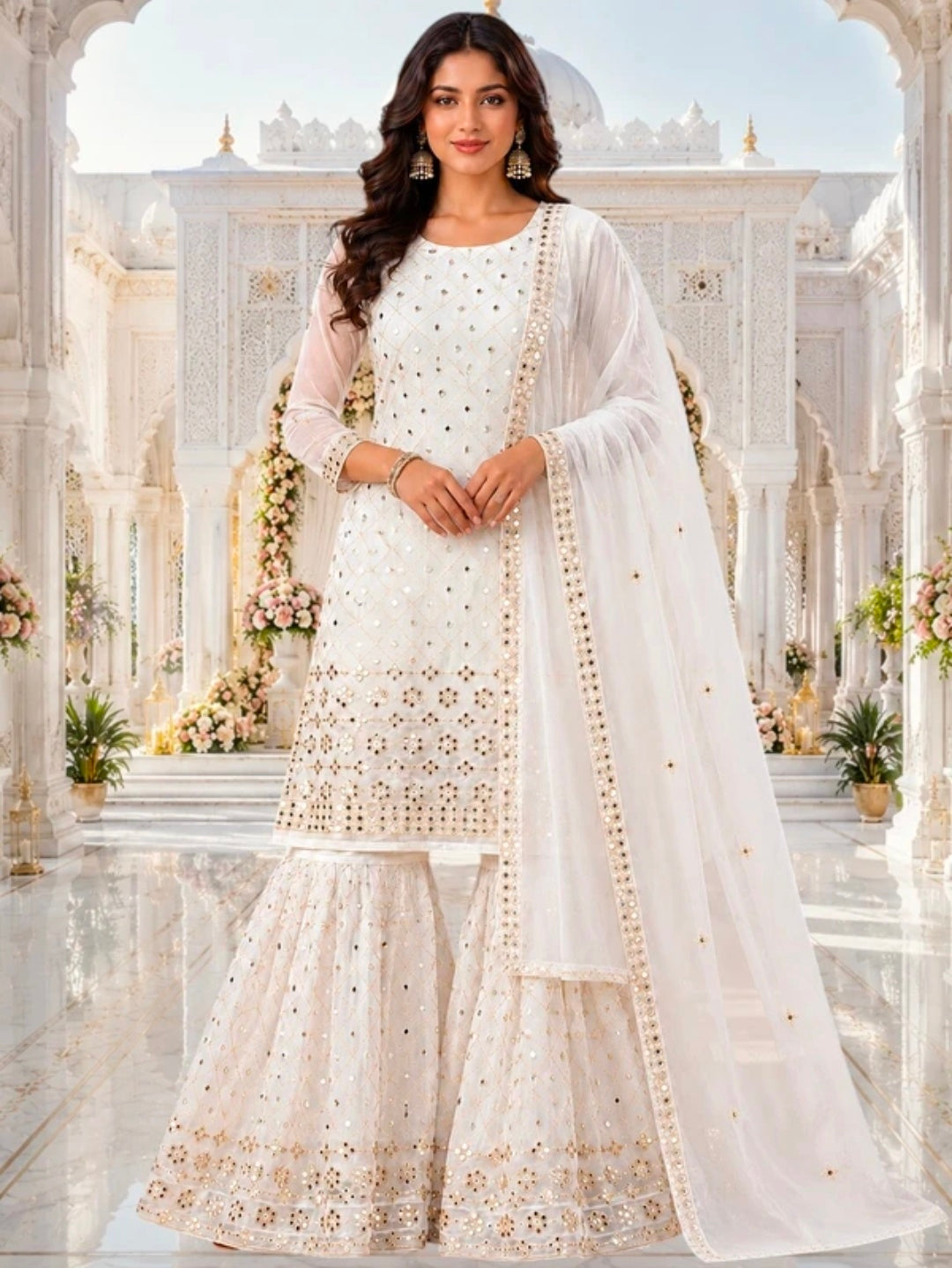 Women's Georgette A-line Kurta Sharara & Dupatta Set | Embroidered Sequenced Mirror Work