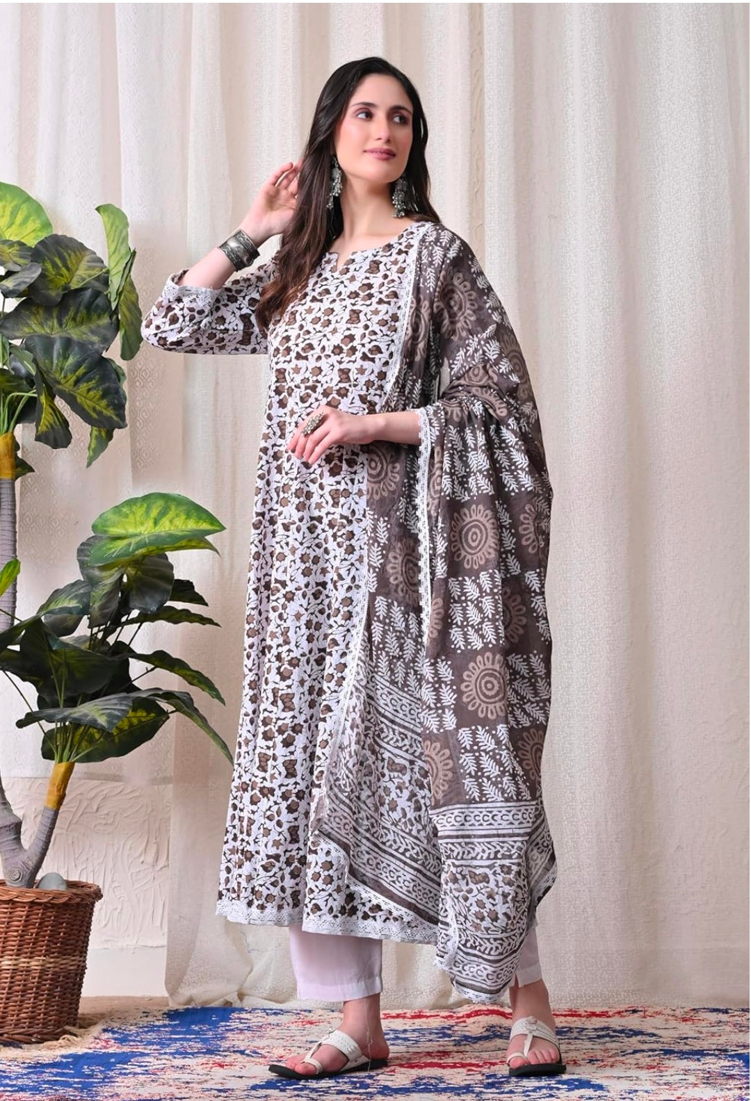 Pure Cotton Printed Anarkali Kurta with Palazzo & Dupatta Set