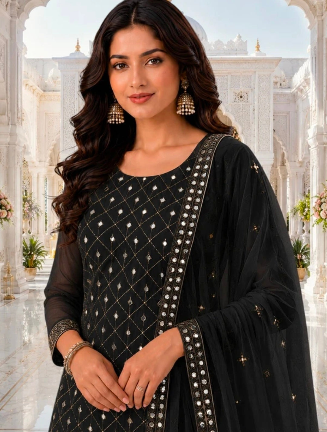 Women's Georgette A-line Kurta Sharara & Dupatta Set | Embroidered Sequenced Mirror Work