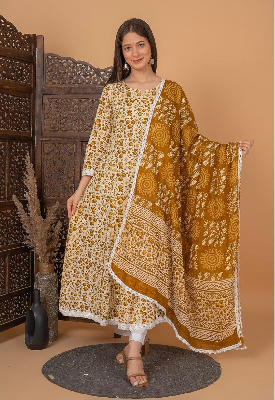 Pure Cotton Printed Anarkali Kurta with Palazzo & Dupatta Set