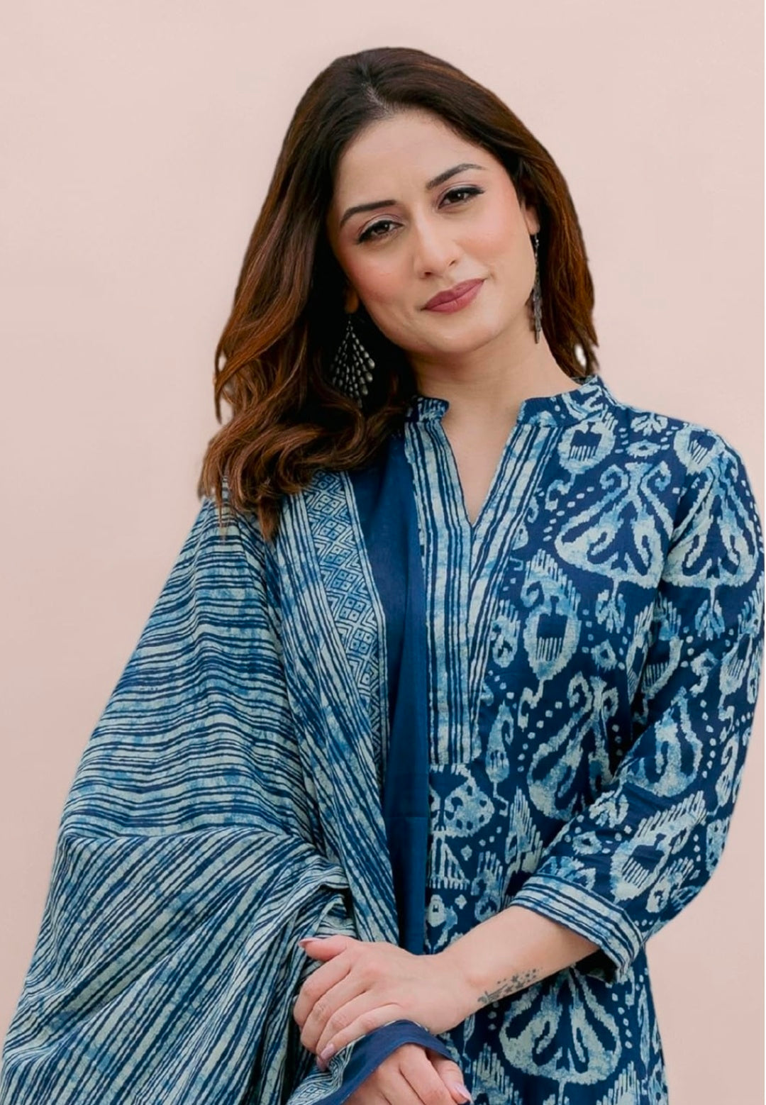 Arayna Women’s 100% Pure Cotton Ikat Printed Ethnic Straight Kurta Pant and Dupatta Set for Women