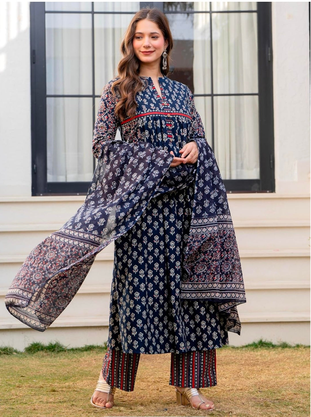 Amayra Women's Pure Cotton Printed A-Line Kurta Set with Palazzo Pants & Dupatta- Ethnic Wear