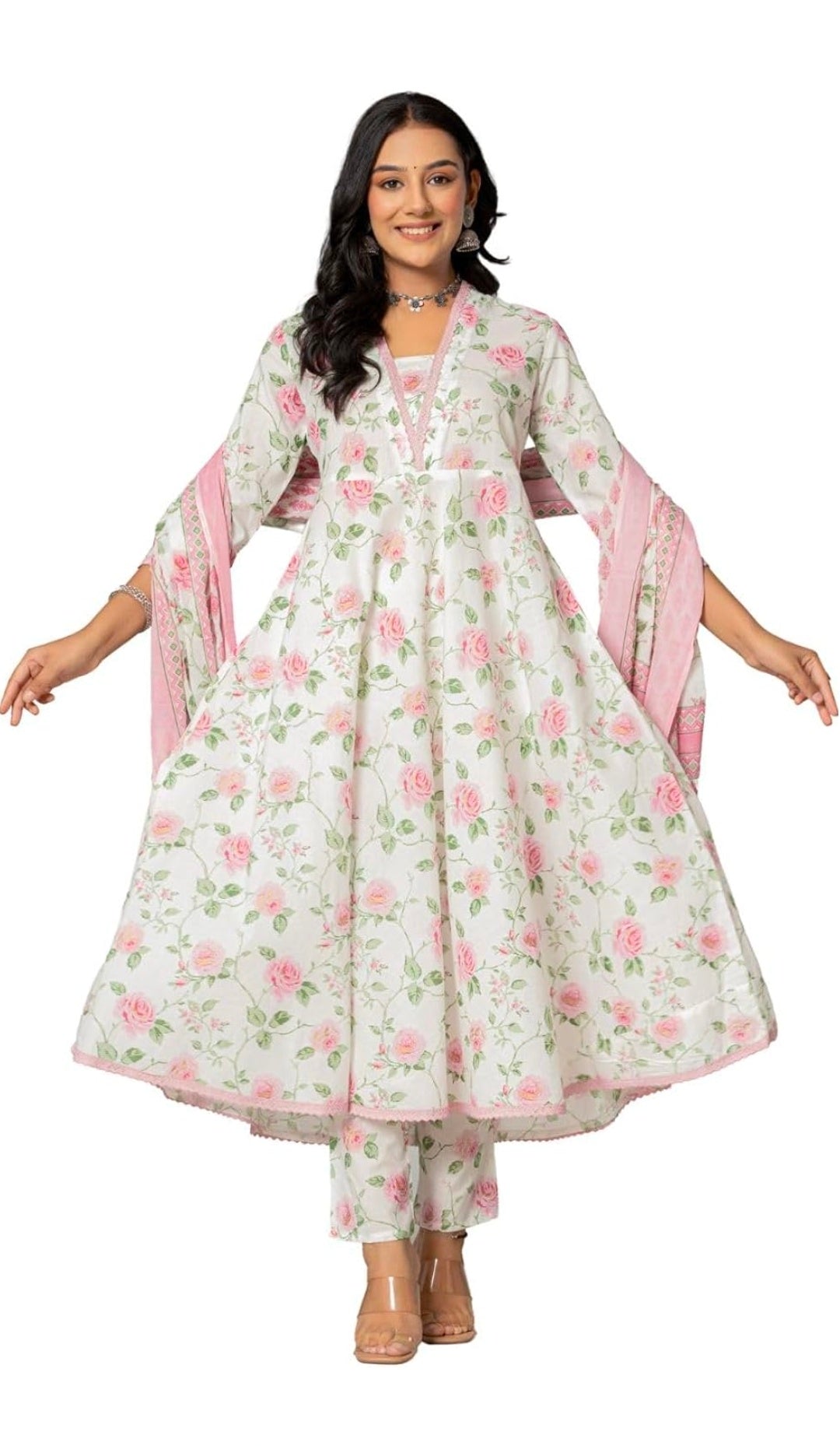 Amayra Women's Cotton Printed Anarkali Kurta with Palazzo Pants and Dupatta
