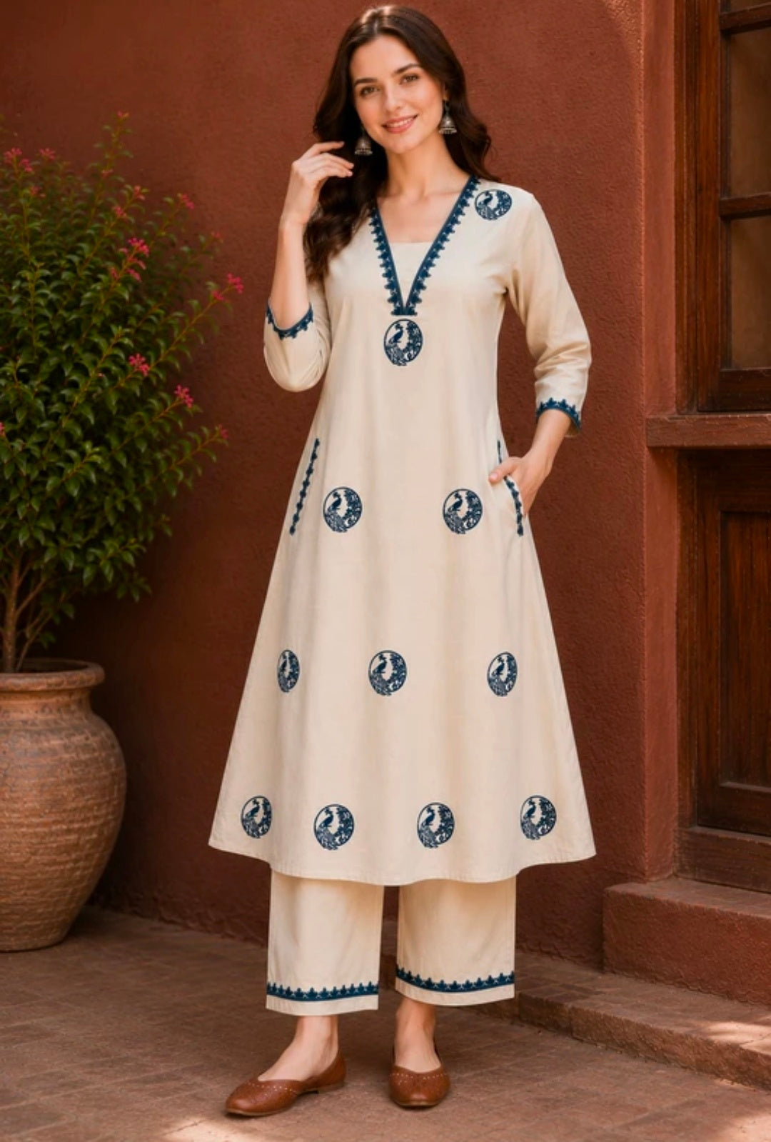 Women's Pure Cotton A-Line Kurta Palazzo Pant Set | Embroidered Ethnic Motifs Style