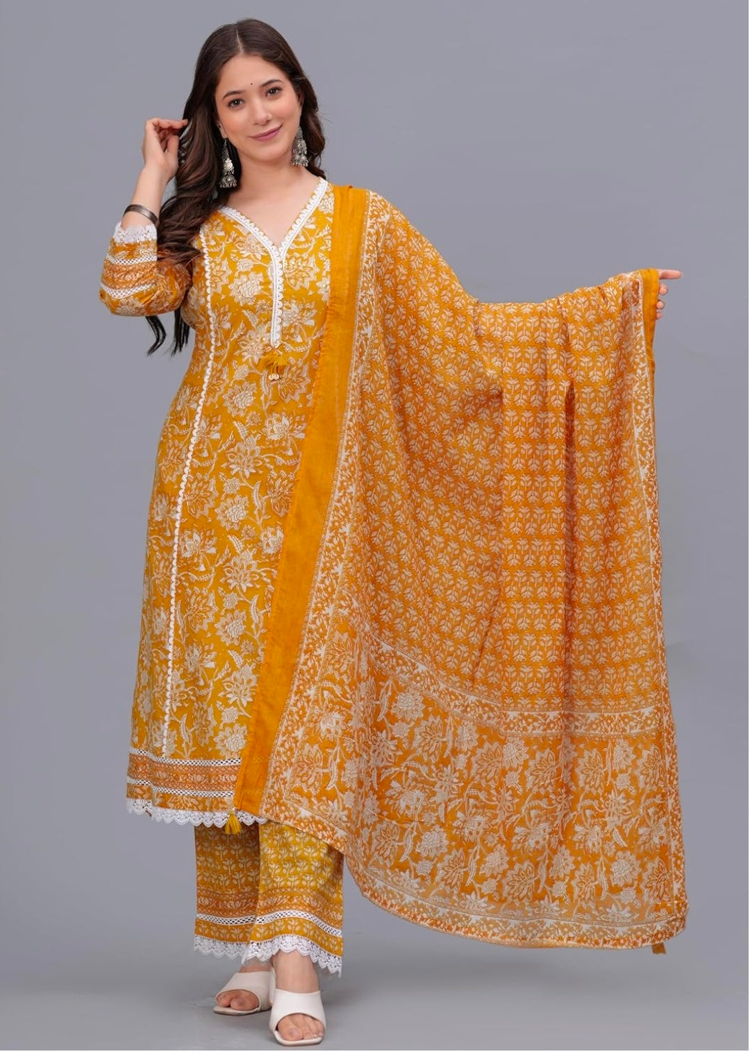 Amayra Women's Pure Cotton Printed Straight Kurta Set with Palazzo Pants & Dupatta- Ethnic Wear