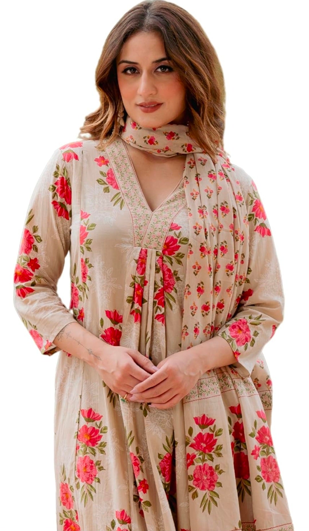 Arayna Women’s Pure Cotton Floral Printed Kurta Pant Dupatta Set | Elegant Ethnic Suit Set with Soft Floral Motifs | Straight Fit 3-Piece Set for Women