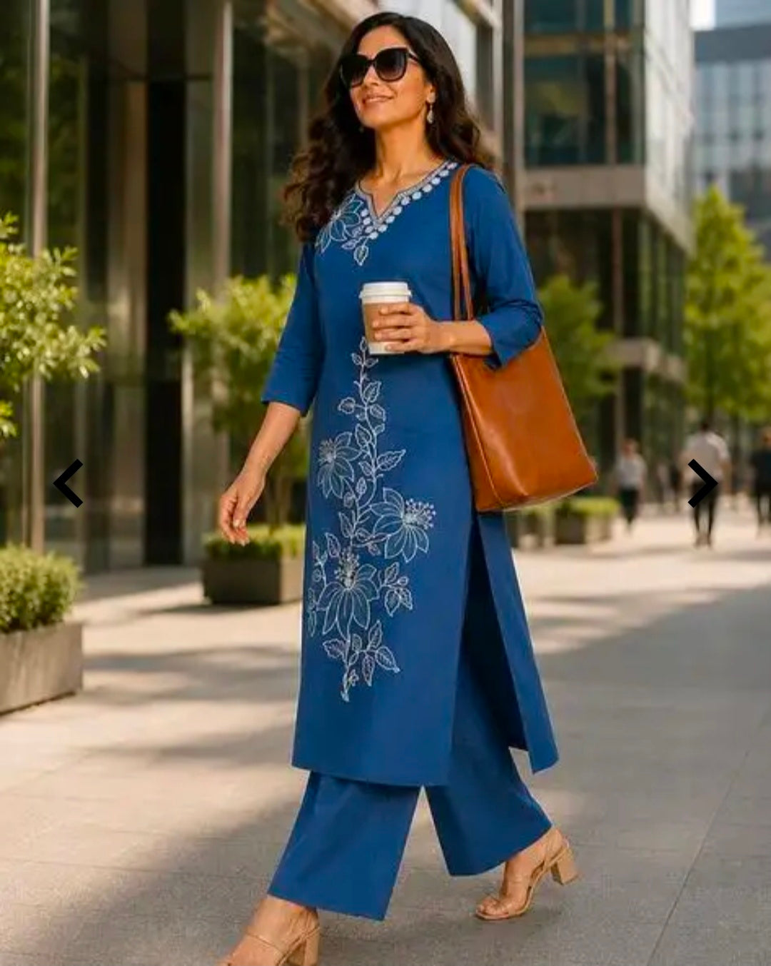 `Women's Cotton Straight Kurta Palazzo Set | Notch-Neckline Statement Embroidered